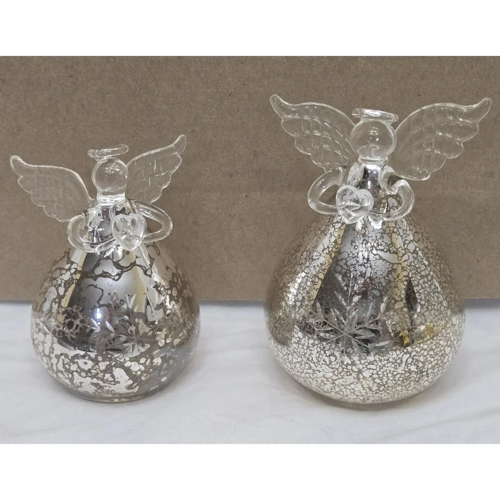 Pier 1 Imports Set of 2 Light-Up LED Mercury Glass Angels With Timer Box VGC